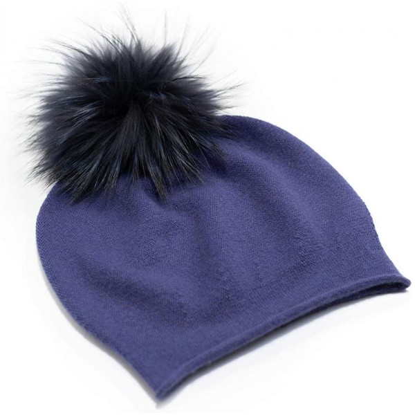 Skullies & Beanies Women's Winter 100% Pure Cashmere Beanie hat with Detachable Real Fur Pompom - Navy Blue - CX1939LDDNM $42.55