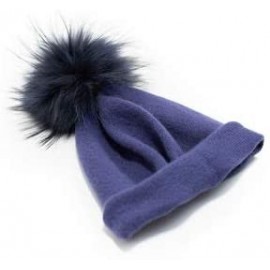 Skullies & Beanies Women's Winter 100% Pure Cashmere Beanie hat with Detachable Real Fur Pompom - Navy Blue - CX1939LDDNM $42.55