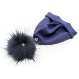 Skullies & Beanies Women's Winter 100% Pure Cashmere Beanie hat with Detachable Real Fur Pompom - Navy Blue - CX1939LDDNM $42.55