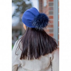 Skullies & Beanies Women's Winter 100% Pure Cashmere Beanie hat with Detachable Real Fur Pompom - Navy Blue - CX1939LDDNM $42.55