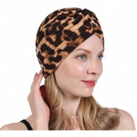 Skullies & Beanies New Women's Cotton Turban Flower Prints Beanie Head Wrap Chemo Cap Hair Loss Hat Sleep Cap - Leopard - CU1...