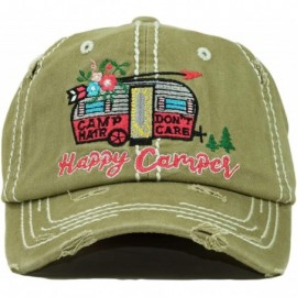 Baseball Caps Vintage Ball Caps for Women Mama Bear Dog Mom Washed Cap - Happy Camper- Khaki - CX18ZYG229T $17.08