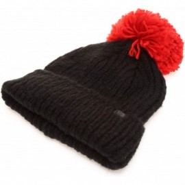 Skullies & Beanies Women's Winter Ribbed Knit Soft Warm Chunky Stretchy Beanie hat with 5" Large Pom Pom - Black / Red - CV18...