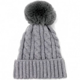 Skullies & Beanies Me Plus Women Fashion Fall Winter Soft Cable Knitted Faux Fur Pom Pom Beanie Hat - Cable Knit - Grey - CY1...