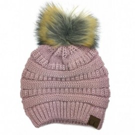 Skullies & Beanies Soft Stretch Cable Knit Ribbed Faux Fur Pom Pom Beanie Hat - Indie Pink Metallic - CC187I9R55Z $22.55