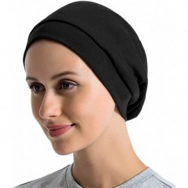 Skullies & Beanies Satin Lined Sleep Cap Cotton Slap Hat Slouchy Beanie Night Bonnet - Black - C418Z8GS0ZO $9.52