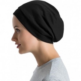 Skullies & Beanies Satin Lined Sleep Cap Cotton Slap Hat Slouchy Beanie Night Bonnet - Black - C418Z8GS0ZO $9.52