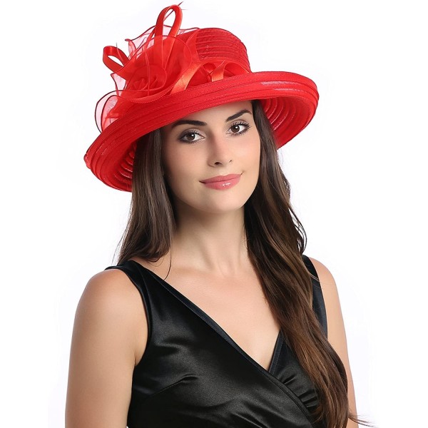 Sun Hats Lady's Organza Wide Brim Bowler Hat Kentucky Derby Church Dress Sun Hat - Red - C718GLKWSTH $17.64