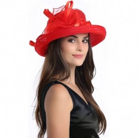Sun Hats Lady's Organza Wide Brim Bowler Hat Kentucky Derby Church Dress Sun Hat - Red - C718GLKWSTH $17.64
