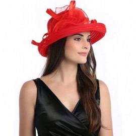 Sun Hats Lady's Organza Wide Brim Bowler Hat Kentucky Derby Church Dress Sun Hat - Red - C718GLKWSTH $17.64