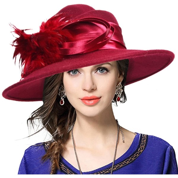 Fedoras Ladies 100% Wool Felt Feather Cocktail British Formal Party Hat - Claret - CK12MCHQD0B $32.64