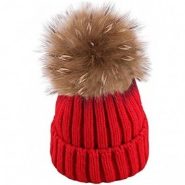 Skullies & Beanies Womens Girls Warm Winter Raccoon Fur Pom Pom Ball Knit Beanie Skull Hat - Red - CK1895TXY9S $7.66