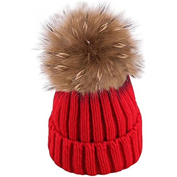 Skullies & Beanies Womens Girls Warm Winter Raccoon Fur Pom Pom Ball Knit Beanie Skull Hat - Red - CK1895TXY9S $7.66