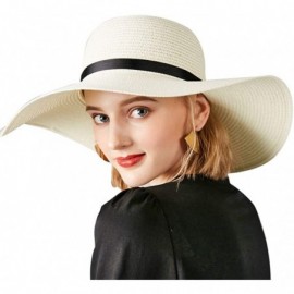 Sun Hats Large Straw Sun Hats for Women with UV Protection Wide Brim-Ladias Summer Beach Cap with Floppy - D1-white - C918QU0...