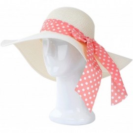 Sun Hats Princess Polka Dot Bow Natural Floppy Wide Brim Straw Beach Sun Hat -Diff Colors - Coral Pink - CA125TKHR53 $7.99