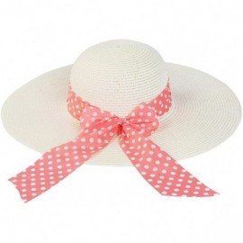 Sun Hats Princess Polka Dot Bow Natural Floppy Wide Brim Straw Beach Sun Hat -Diff Colors - Coral Pink - CA125TKHR53 $7.99