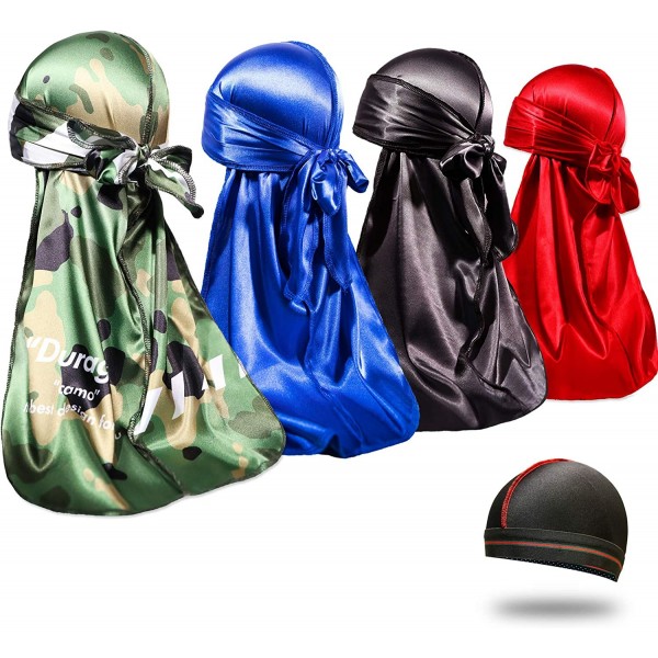 Skullies & Beanies 4PCS Silky Durags for Men 360 Waves- Designer Do Rag- Award 1 Wave Cap - Camou Blue Blackred - C9193TIWRQ4...