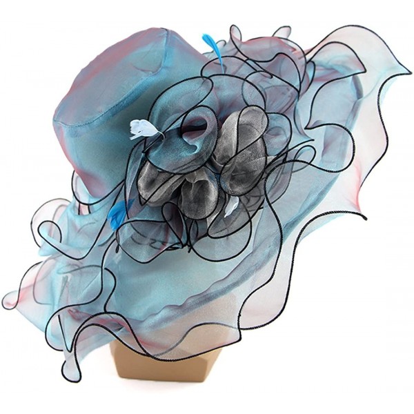 Sun Hats Women Foldable Organza Church Derby Hat Ruffles Wide Brim Summer Bridal Cap - Blue - CC183K3OOH2 $8.39