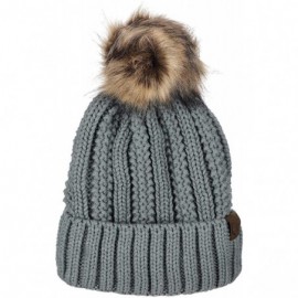 Skullies & Beanies Thick Cable Knit Faux Fuzzy Fur Pom Fleece Lined Skull Cap Cuff Beanie - Natural Gray - CG18KCAXGMU $17.97