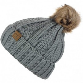 Skullies & Beanies Thick Cable Knit Faux Fuzzy Fur Pom Fleece Lined Skull Cap Cuff Beanie - Natural Gray - CG18KCAXGMU $17.97