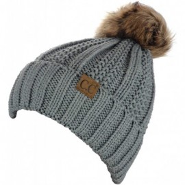 Skullies & Beanies Thick Cable Knit Faux Fuzzy Fur Pom Fleece Lined Skull Cap Cuff Beanie - Natural Gray - CG18KCAXGMU $17.97