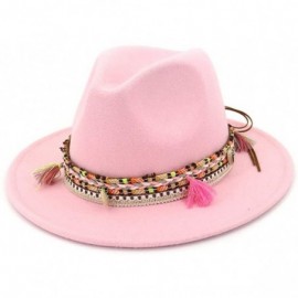 Fedoras Women's Felt Fedora Hat Wide Brim Panama Hats with Tassel - Pink - CB18TXXY4G4 $25.60