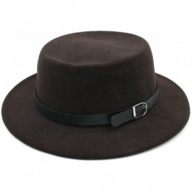 Fedoras Women Wool Blend Boater Hat Sailor Flat Top Bowler Cap Belt Buckle Band - Coffee - CH184X4QKUZ $12.97