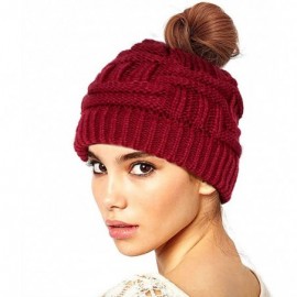 Skullies & Beanies Women's Ponytail Beanie Hat Soft Stretch Cable Knit Hat Warm Winter Hat - Red - CR18LRTALDM $8.91