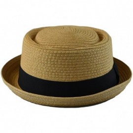 Fedoras Mens Summer Fedora Cuban Style Upturn Short Brim Stiff & Thick S/M- L/XL - Lt Brown - CQ11Y1Q8IWX $10.69