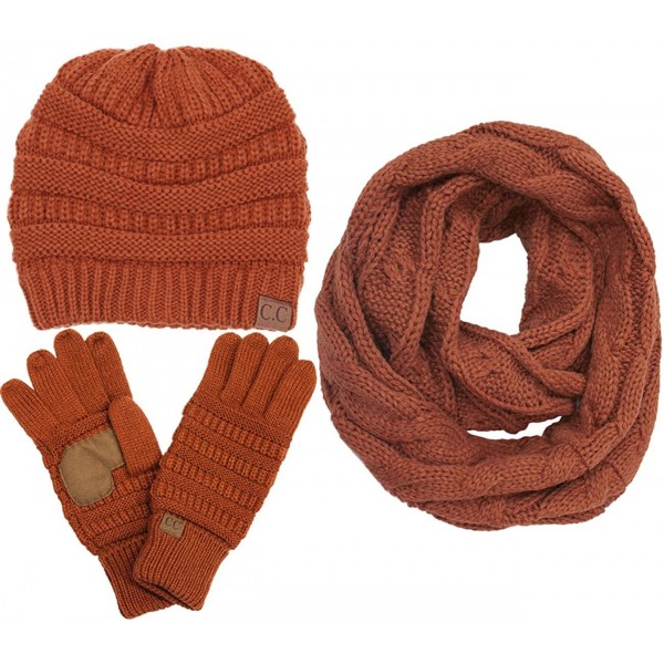 Skullies & Beanies 3pc Set Trendy Warm Chunky Soft Stretch Cable Knit Beanie- Scarves and Gloves Set - Rust - CT18H6IO90H $46.62