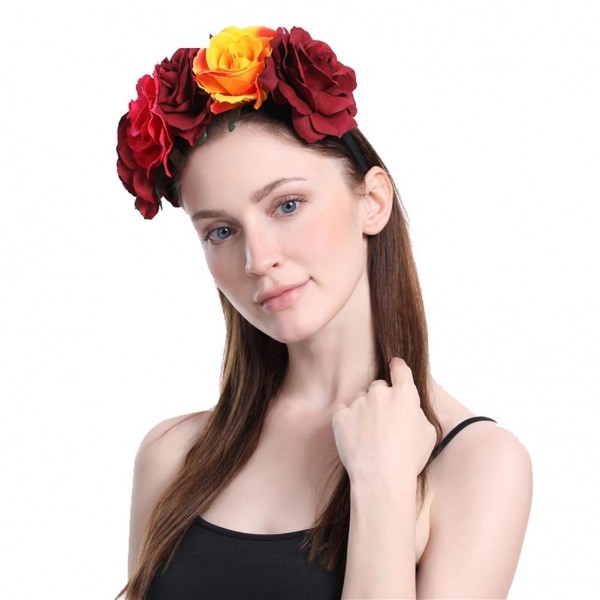 Headbands Rose Floral Crown Garland Flower Headband Headpiece for Wedding Festival (Red Peach Orange) - Red Peach Orange - CW...