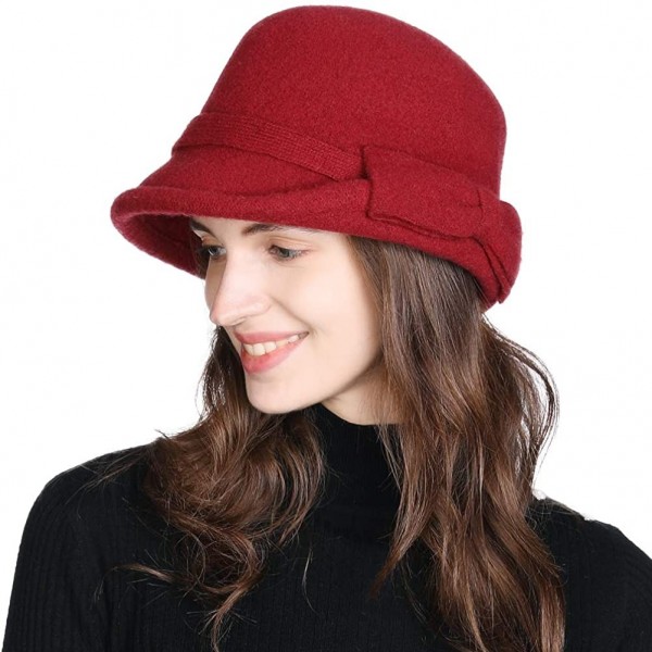 Fedoras Womens Wool Blend Winter Bucket 1920s Vintage Derby Hat Fedora Round Fall Bowler 55-59cm - 00767-burgundy - C118A69YR...