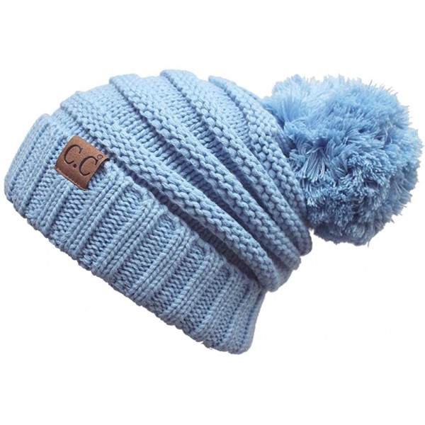 Skullies & Beanies Warm Chunky Soft Oversized Cable Knit Slouchy Beanie with Pom Pom - Pale Blue - CM12KBZOBU5 $16.17