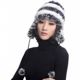 Bomber Hats Women's Rex Rabbit Fur Hats Winter Ear Cap Flexible Multicolor - Grey & White - CD11FG5AP5Z $18.48