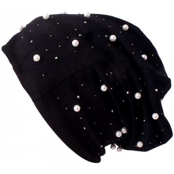 Skullies & Beanies Women Beading Pearls Ruffle Hat Cancer Chemo Beanie Scarf Turban Wrap Cap - Black - CK18QXL7SL2 $6.94