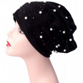 Skullies & Beanies Women Beading Pearls Ruffle Hat Cancer Chemo Beanie Scarf Turban Wrap Cap - Black - CK18QXL7SL2 $6.94