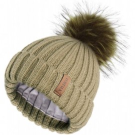 Skullies & Beanies Womens Winter Knitted Beanie Hat with Faux Fur Pom Fleece Lined Warm Beanie for Women - 21-treegreen - CE1...