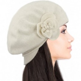 Berets Women's Reversible Wool Beret Hat - Flower Accented - White - CO11Q68OAWP $21.37