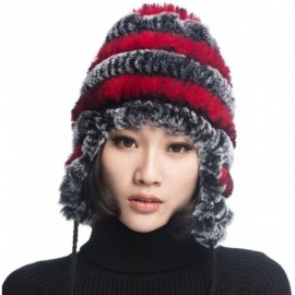 Bomber Hats Women's Rex Rabbit Fur Hats Winter Ear Cap Flexible Multicolor - Grey & Red - CS11FG5AP69 $22.82