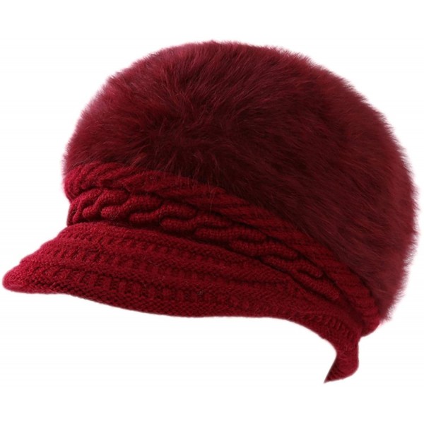 Skullies & Beanies Women Winter Knit Crochet Newsboy Caps Lady Furry Beanie Hat with Visor - Wined - CC188LW32MS $11.27