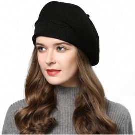 Berets Women's Solid Knit Furry French Beret Chic Beanie - Fall Winter Paris Artist Cap Beanie Hat - Black - CH18Z4H8QUN $10.18