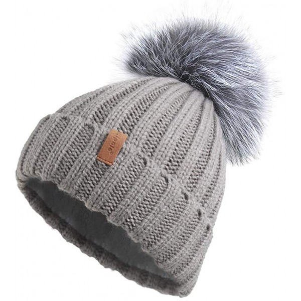 Skullies & Beanies Women Winter Knitted Beanie Hat with Fur Pom Bobble Hat Skull Beanie for Women - Gray( Silver Fox Pom) - C...