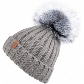 Skullies & Beanies Women Winter Knitted Beanie Hat with Fur Pom Bobble Hat Skull Beanie for Women - Gray( Silver Fox Pom) - C...