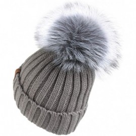 Skullies & Beanies Women Winter Knitted Beanie Hat with Fur Pom Bobble Hat Skull Beanie for Women - Gray( Silver Fox Pom) - C...