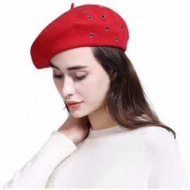 Berets Women's Franch Inspired Wool Felt Beret Hat Bow/Rivet/Floral Appliqued - Rivet-red - C3187QU2Y0H $15.08