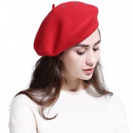 Berets Women's Franch Inspired Wool Felt Beret Hat Bow/Rivet/Floral Appliqued - Rivet-red - C3187QU2Y0H $15.08