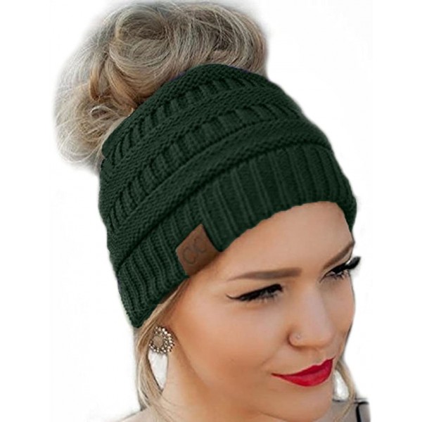 Skullies & Beanies Quality Knit Messy Bun Hat Beanie - New Olive - C1188CH4TYW $13.40