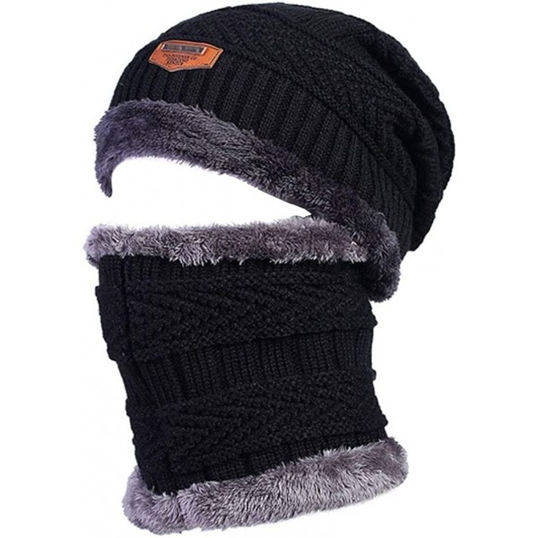 Skullies & Beanies Men's Winter Knit Skull Cap Wool Warm Slouchy Beanies Hat Scarf Set - Black With Scarf - CK186DRE3OQ $11.62