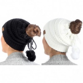 Skullies & Beanies Women's Ponytail Messy Bun Beanie Ribbed Knit Hat Cap with Adjustable Pom Pom String (2 Pack - Black & Off...