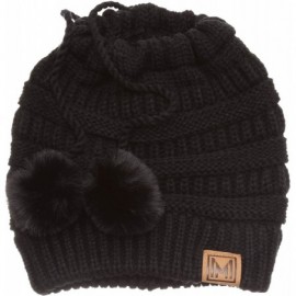 Skullies & Beanies Women's Ponytail Messy Bun Beanie Ribbed Knit Hat Cap with Adjustable Pom Pom String (2 Pack - Black & Off...
